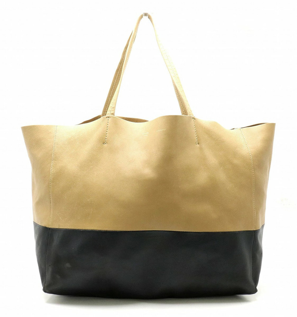 Celine Horizontal Cabas Tote Bag Shoulder Leather Bicolor Beige Cream Black